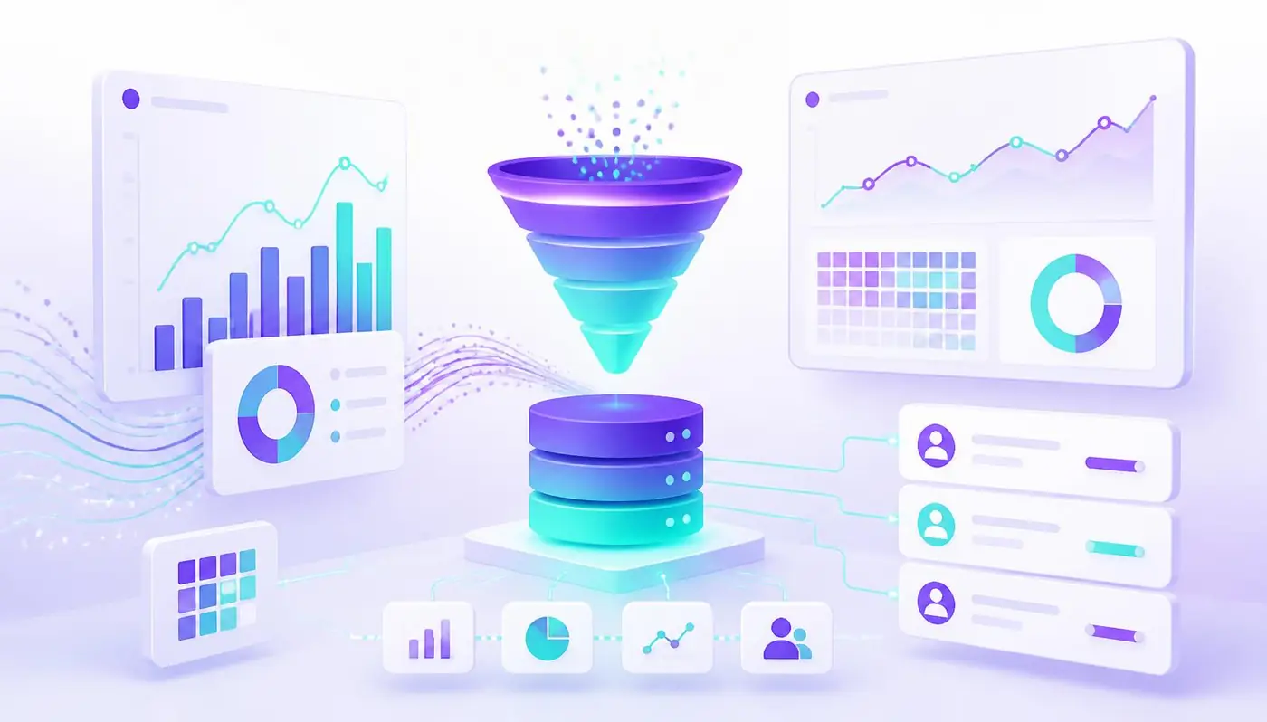 Ilustração de dashboards de marketing com gráficos, funil de conversão e base de dados conectada a registros de CRM, em degradê roxo e verde-água