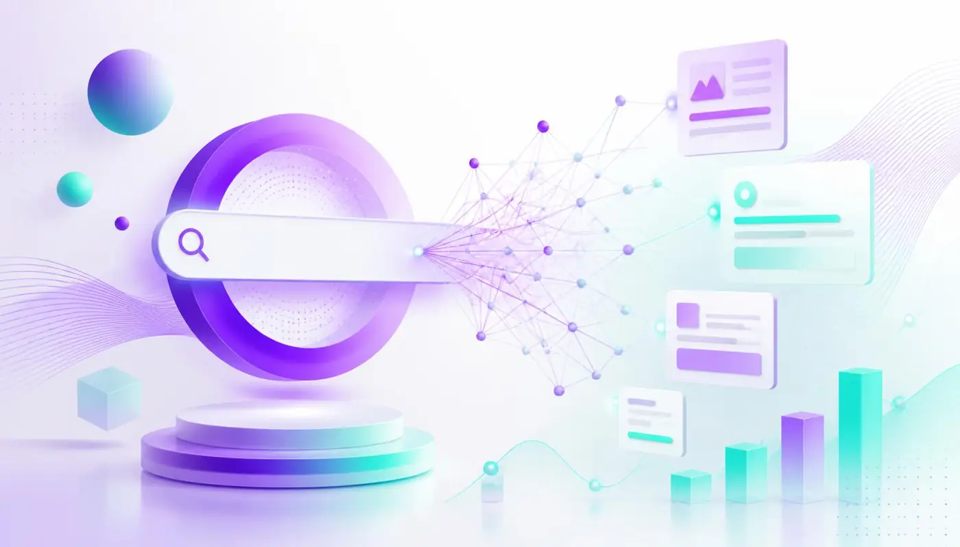Ilustração de uma barra de busca conectada a uma rede neural que distribui cartões de conteúdo e gráficos, em degradê roxo e verde-água